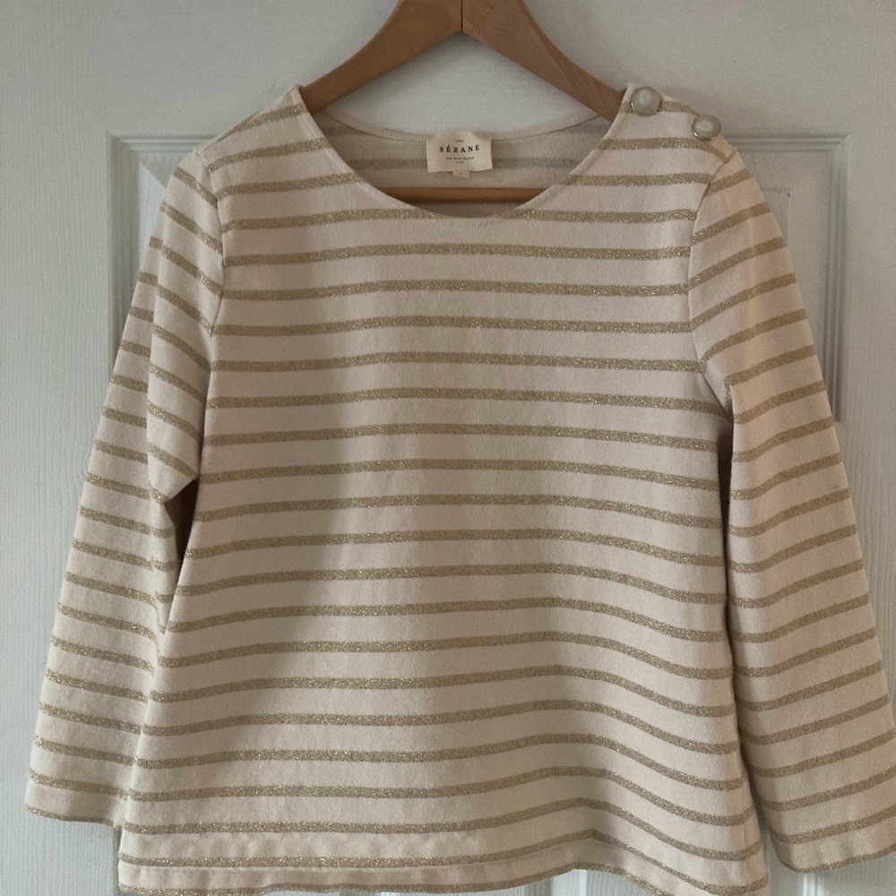 Sézane Cream and Gold Breton Striped Top